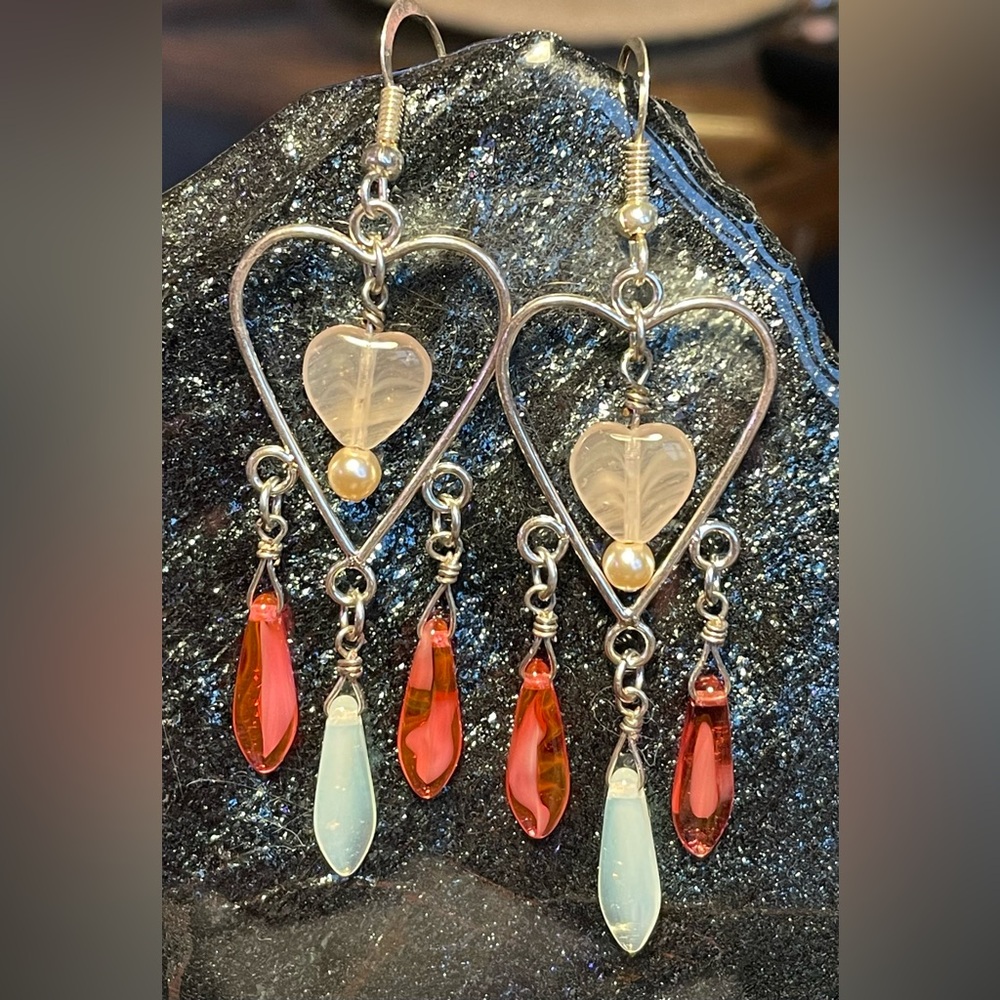 Heart-Shaped Glass Bead Handmade Dangle Earrings